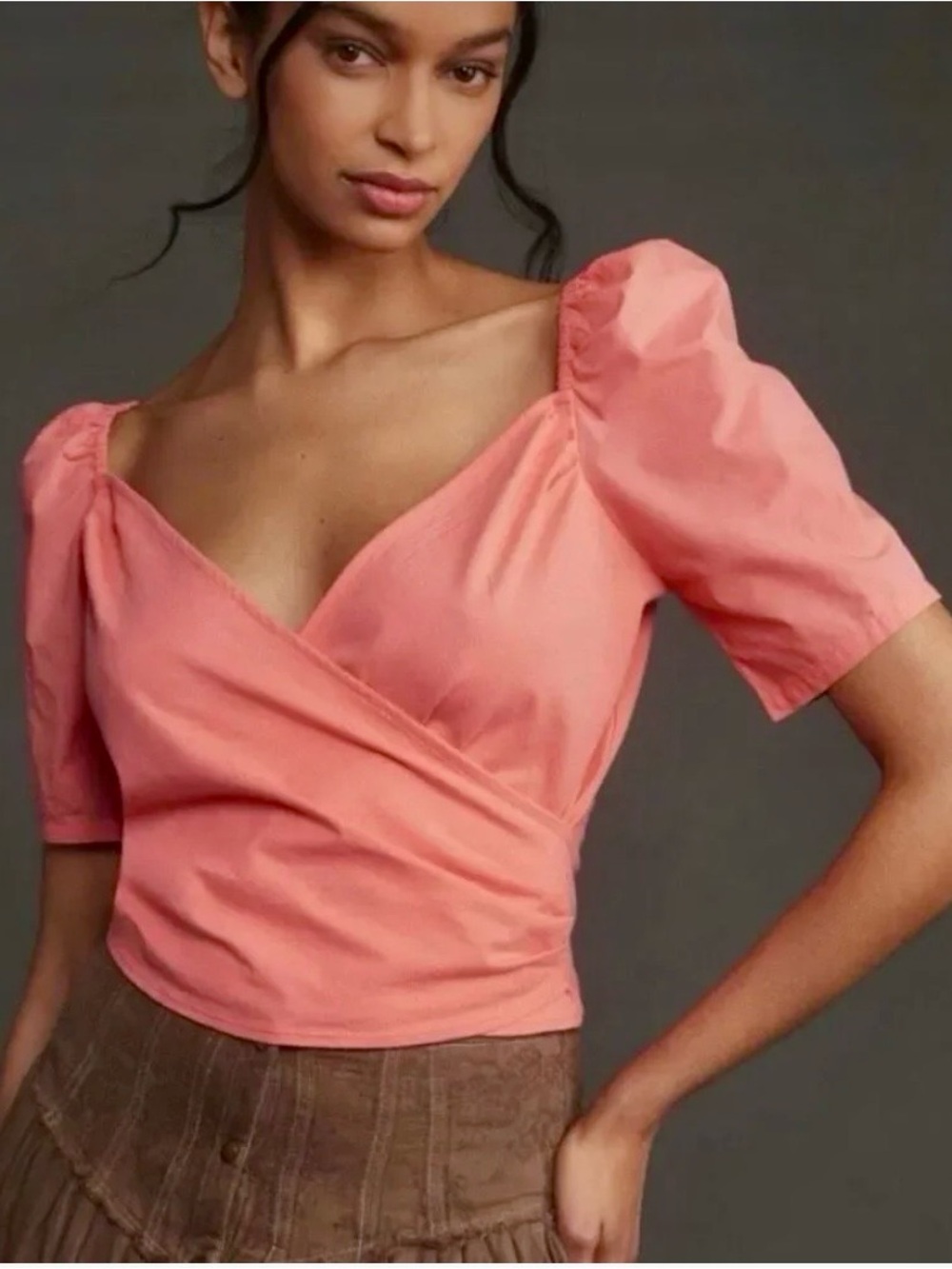 Anthropologie Coral Pink Puff Sleeve V-Neck Faux Wrap Crop Top Size XS